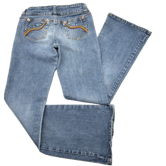 Vintage 90s Y2K JouJou Jumbo Button Embroidered Pocket Flare Jeans Jr 5/6 25x31" - Picture 1 of 13